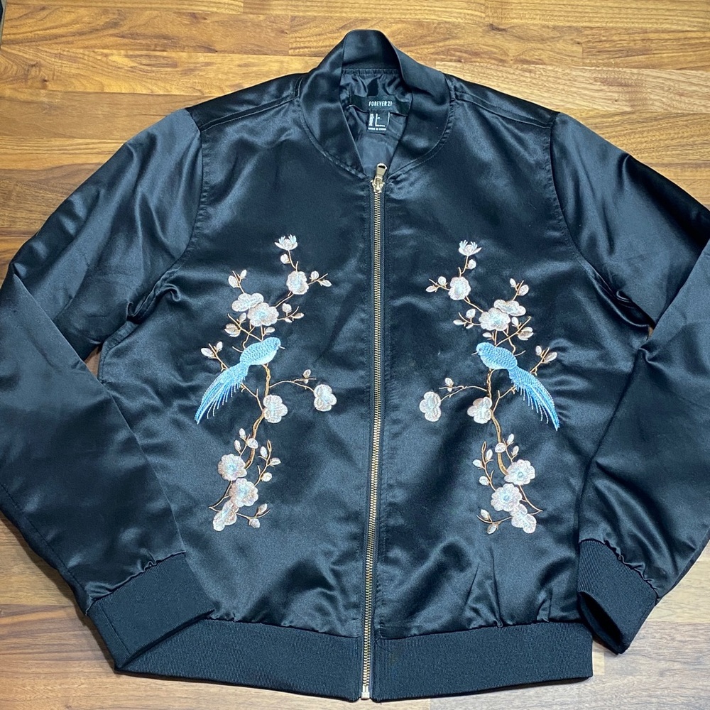 Forever 21 Black Satin Bomber Jacket Embroidered Birds and CherryBlossom Flowers